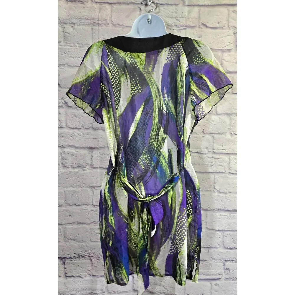 AGB Black Purple Lime Green Keyhole Neck Beaded Bodice Top M Lightweight